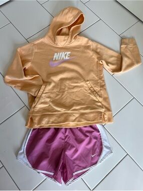 Youth Nike Bundle Peach Hoodie with Pink DriFit Shorts.